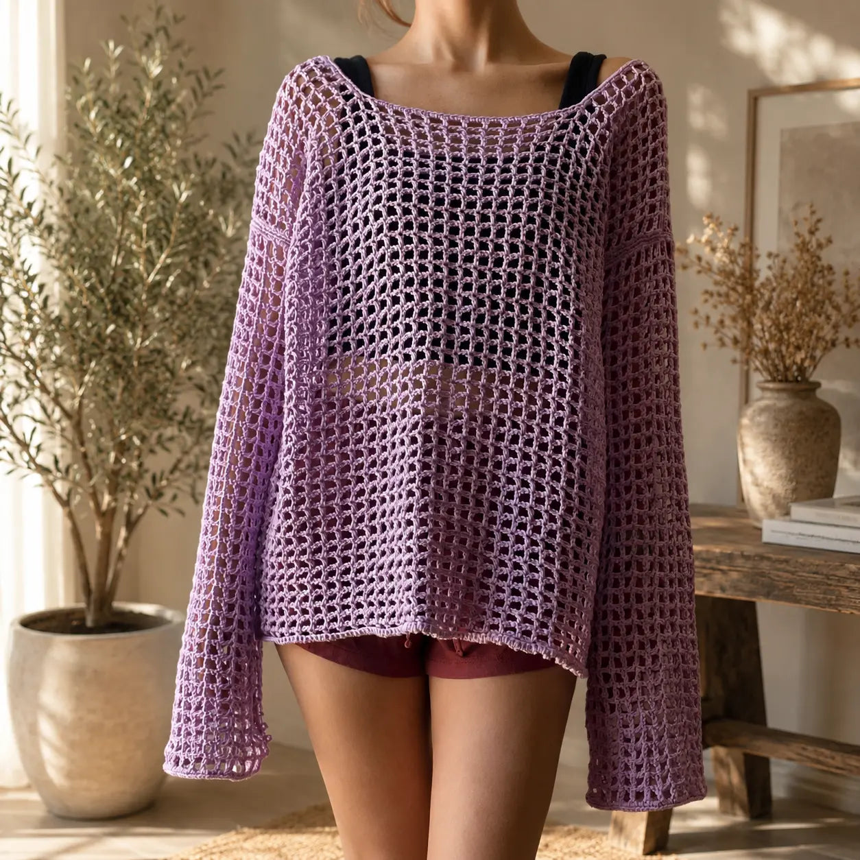 Lilac Mesh Beach Cover-Up Crochet Pattern β Oversized Square-Net Tunic