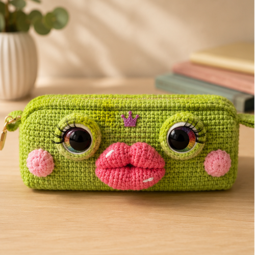 Frog Desk Set Crochet Pattern โ Pen Holder, Zipper Pencil Case & Bookmark, Glam Lippy Frog