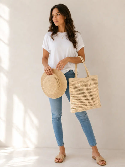 Raffia Sun Hat Crochet Pattern — Flat Top Boater Hat, Structured Brim,
