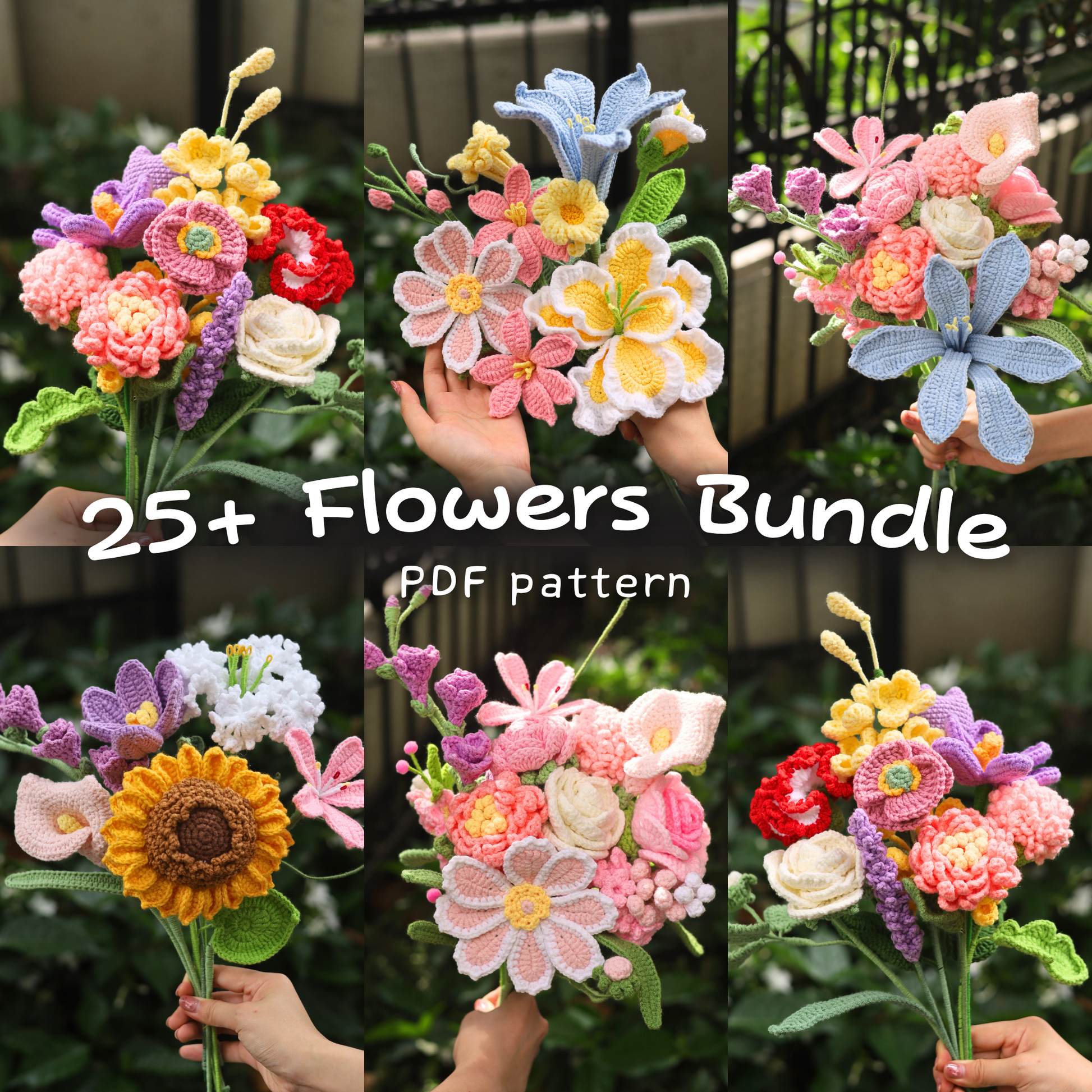 Crochet flower bouquets collage