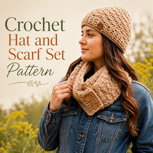 Crochet Hat and Scarf Set Pattern — Shell Stitch Beanie & Buttoned Cowl