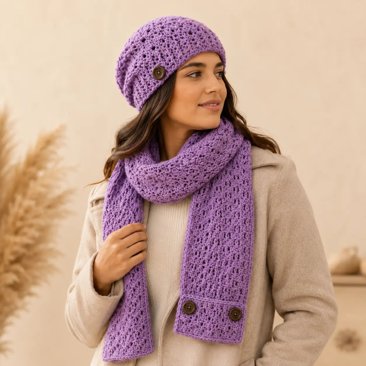 Crochet Hat and Scarf Set Pattern — Shell Stitch Beanie & Buttoned Cowl