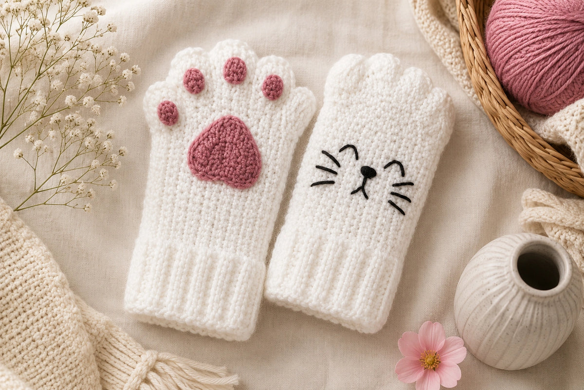 Cat Paw Fingerless Gloves Crochet Pattern — Kawaii Cat Mittens with Paw Pads