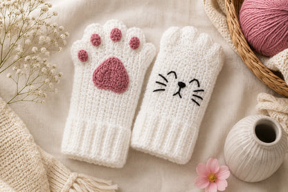 Cat Paw Fingerless Gloves Crochet Pattern — Kawaii Cat Mittens with Paw Pads