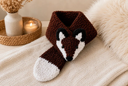 Fox Scarf Crochet Pattern — Plush Animal Scarf, Cozy Winter Fox Neck Warmer