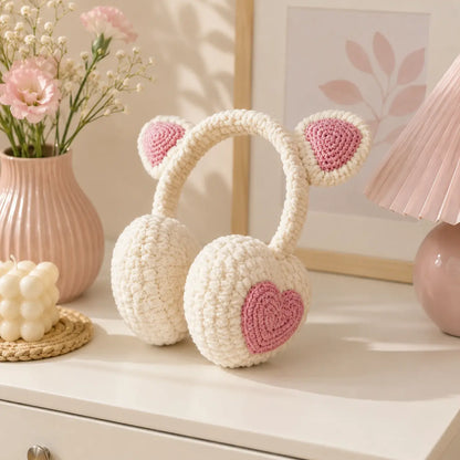 Cat Ear Earmuffs Crochet Pattern — Kawaii Plush Winter Earmuffs with Hearts