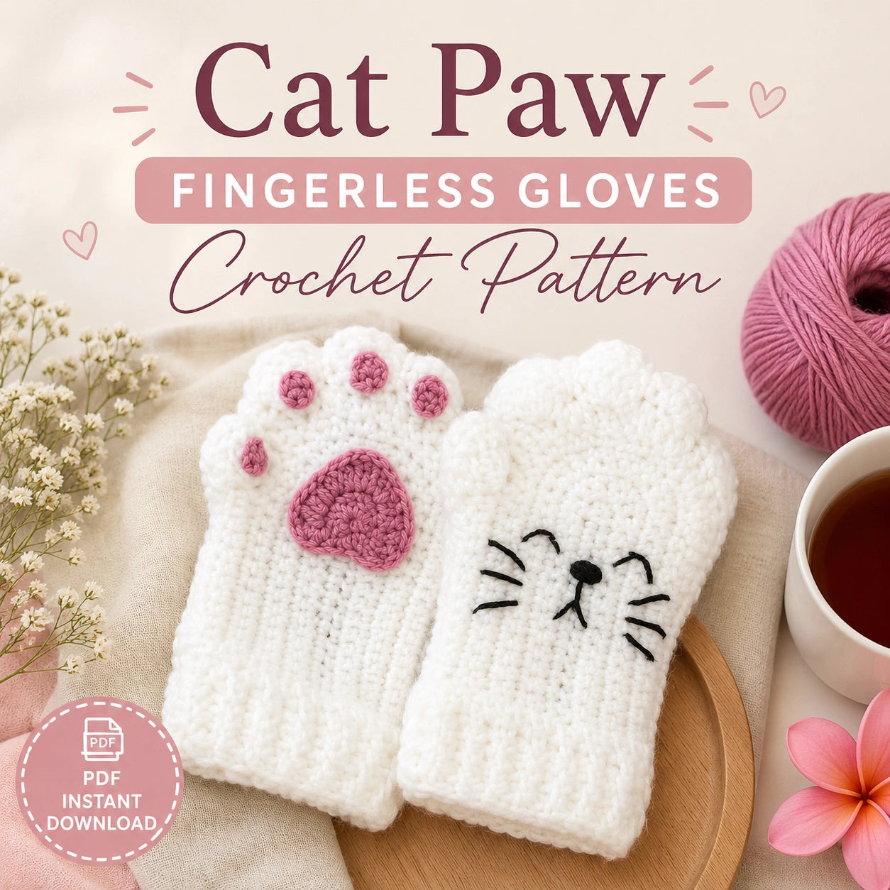 Cat Paw Fingerless Gloves Crochet Pattern — Kawaii Cat Mittens with Paw Pads