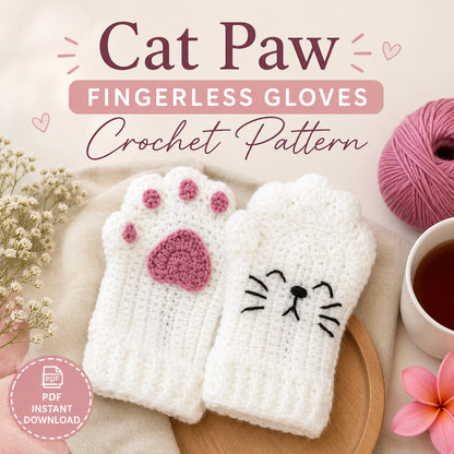 Cat Paw Fingerless Gloves Crochet Pattern — Kawaii Cat Mittens with Paw Pads