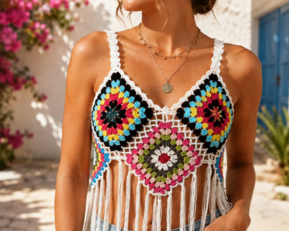 Retro Granny Square Crop Top Crochet Pattern — Boho Festival Top