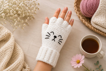 Cat Paw Fingerless Gloves Crochet Pattern — Kawaii Cat Mittens with Paw Pads