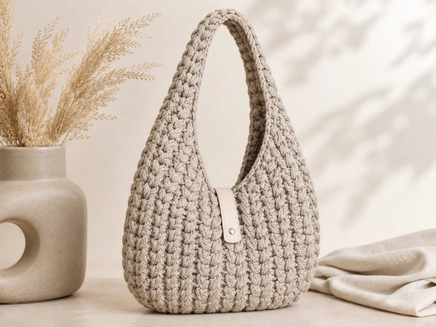 Puff Stitch Shoulder Bag Crochet Pattern — Cozy Hobo Bag, Lined with Leather Closure