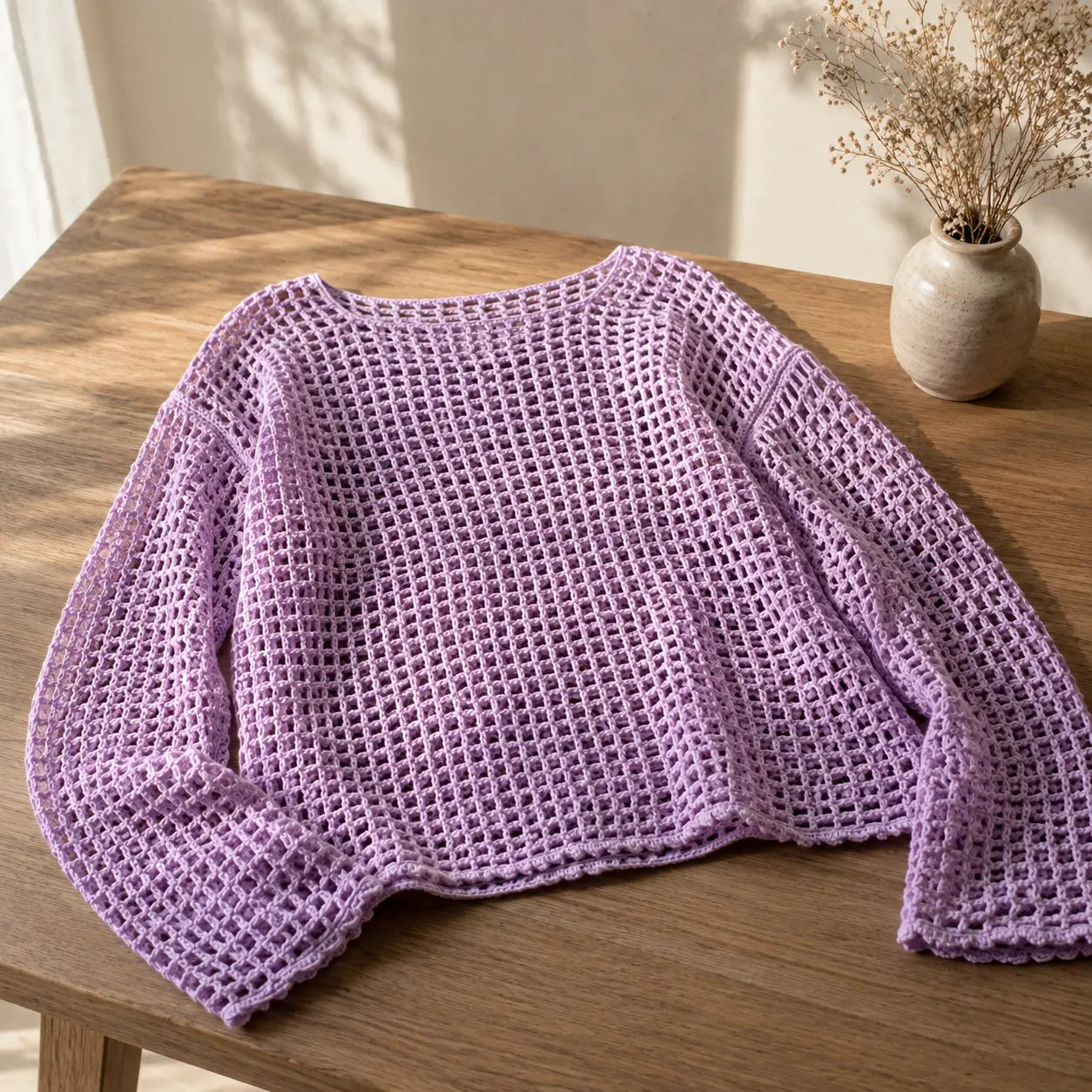 Lilac Mesh Beach Cover-Up Crochet Pattern — Oversized Square-Net Tunic