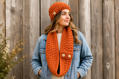 Crochet Hat and Scarf Set Pattern — Shell Stitch Beanie & Buttoned Cowl