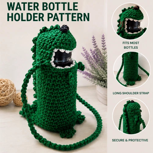 Dinosaur Water Bottle Holder Crochet Pattern — T-Rex Bottle Carrier with Strap
