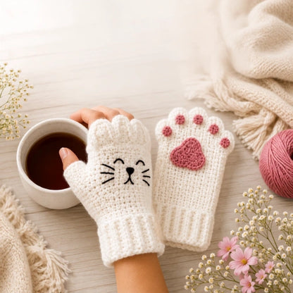 Cat Paw Fingerless Gloves Crochet Pattern — Kawaii Cat Mittens with Paw Pads