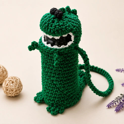 Dinosaur Water Bottle Holder Crochet Pattern — T-Rex Bottle Carrier with Strap