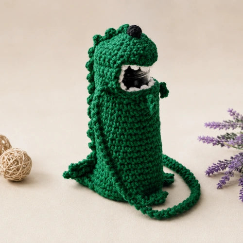 Dinosaur Water Bottle Holder Crochet Pattern — T-Rex Bottle Carrier with Strap