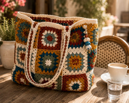 Granny Square Tote Bag Crochet Pattern — Colourful Patchwork Lined Tote