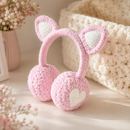 Cat Ear Earmuffs Crochet Pattern — Kawaii Plush Winter Earmuffs with Hearts