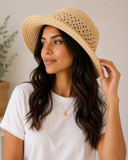 Raffia Sun Hat Crochet Pattern — Flat Top Boater Hat, Structured Brim,