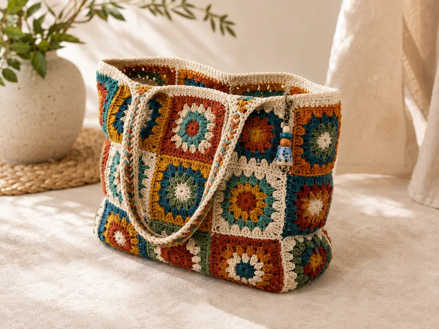 Granny Square Tote Bag Crochet Pattern — Colourful Patchwork Lined Tote