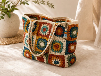 Granny Square Tote Bag Crochet Pattern — Colourful Patchwork Lined Tote