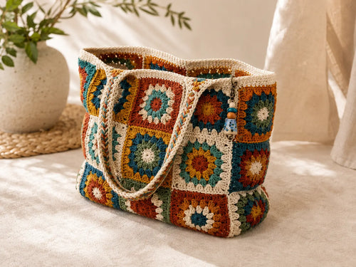 Granny Square Tote Bag Crochet Pattern — Colourful Patchwork Lined Tote