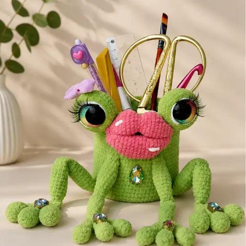 Frog Desk Set Crochet Pattern — Pen Holder, Zipper Pencil Case & Bookmark, Glam Lippy Frog