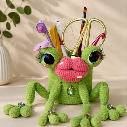 Frog Desk Set Crochet Pattern — Pen Holder, Zipper Pencil Case & Bookmark, Glam Lippy Frog