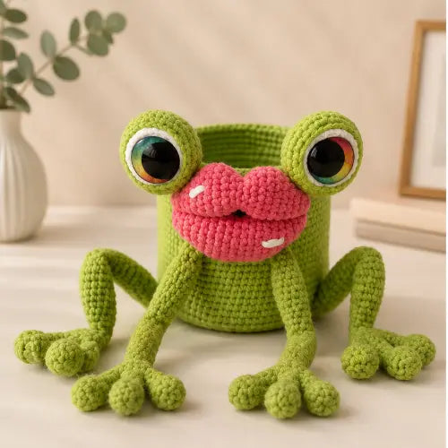 Frog Desk Set Crochet Pattern — Pen Holder, Zipper Pencil Case & Bookmark, Glam Lippy Frog