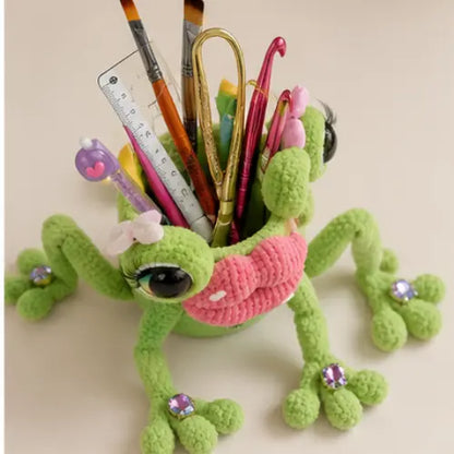 Frog Desk Set Crochet Pattern — Pen Holder, Zipper Pencil Case & Bookmark, Glam Lippy Frog