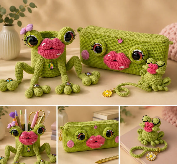 Frog Desk Set Crochet Pattern — Pen Holder, Zipper Pencil Case & Bookmark, Glam Lippy Frog